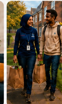 Support worker and service user returning from shopping
